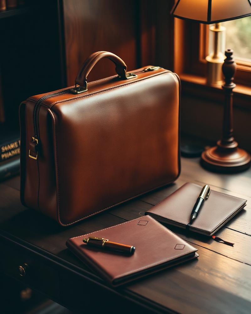 Attaché-case en cuir sur un bureau ancien