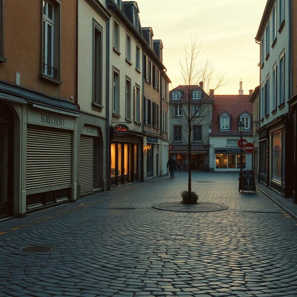 Place de village française au petit matin, volets fermés